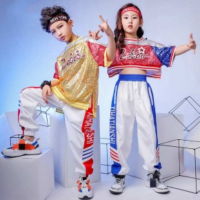 Kids gold sequin Jazz dance hip-hop street costumes for girls boys rapper singers dancers dance model show outfits drum performance clothes for children